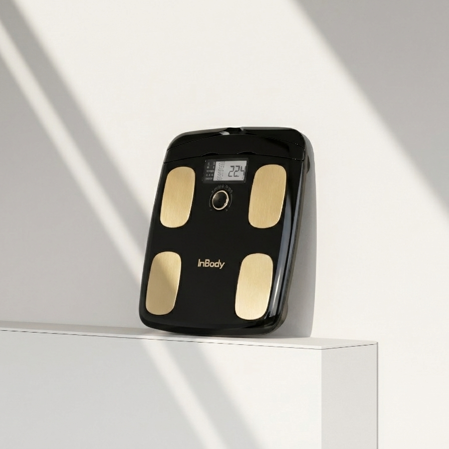 InBodyDial H20 black body fat scale on a white surface with a light gray background