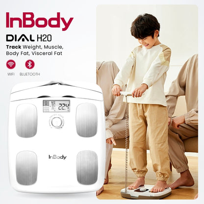 InBodyDIAL H20 white body composition analyzer with a child using it on a white background
