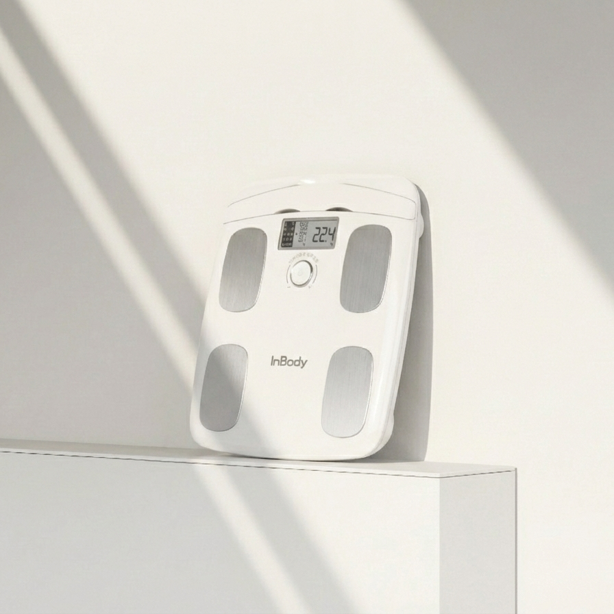 InBodyDial H20 white body fat scale on a light gray surface with soft shadows