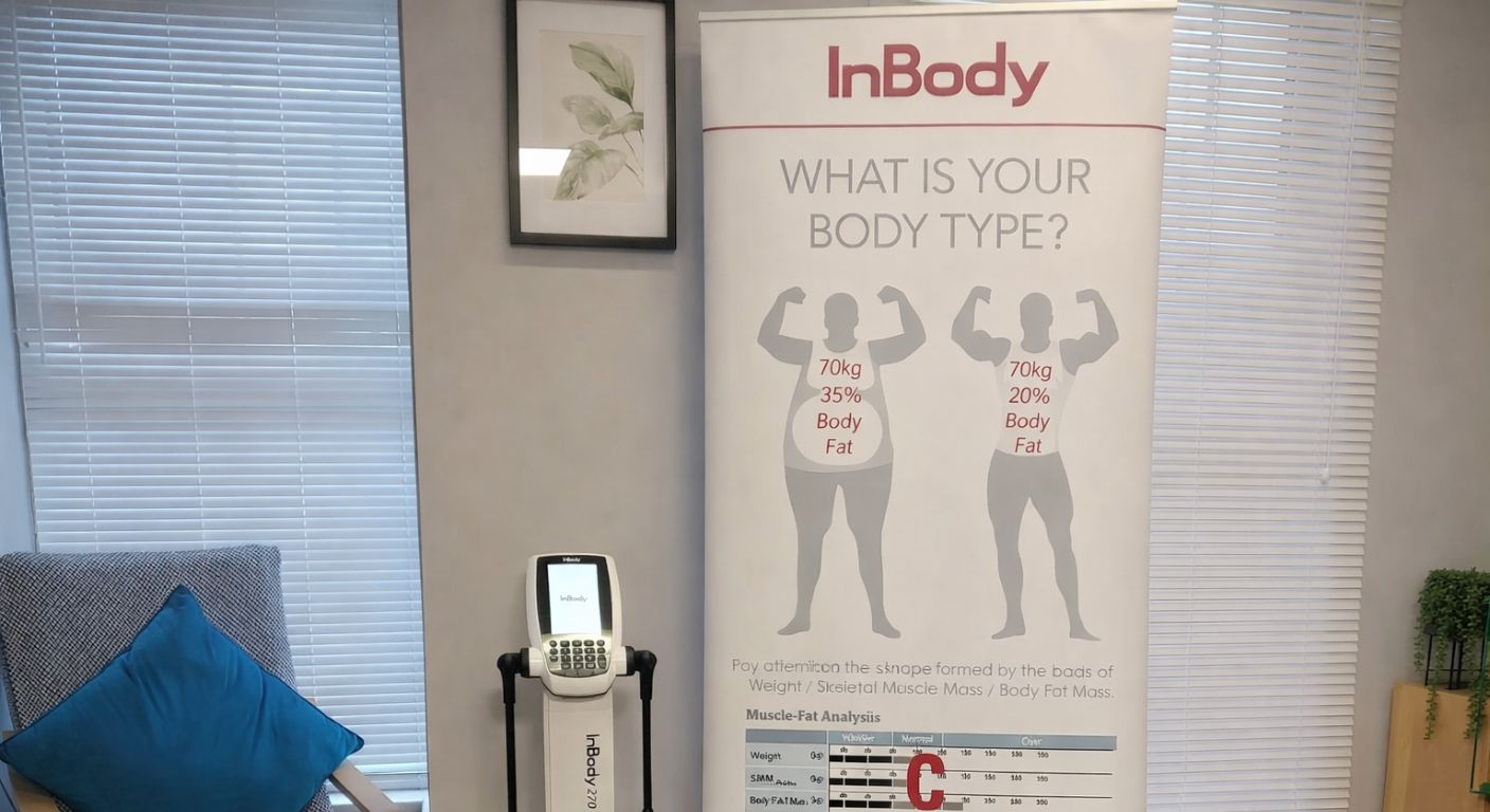 InBody body composition analysis machine with InBody banner stand in a room setting.